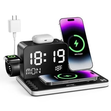 acer 7-in-1 Wireless Charging Station: Charger Stand for Multiple Devices for Apple - iPhone 16 15 14 13 12 Pro Max Apple Watch Airpods, Wireless Charger iPhone Charging Station with Bluetooth TimeSyn