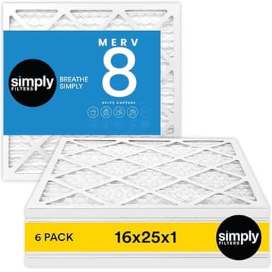 Simply 16x25x1 Air Filter, MERV 8, 6 Pack, For Home AC Furnace & HVAC (Actual Size: 15.75"x24.75"x0.75") DUST, Pet, & Allergy Control