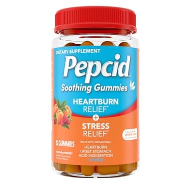 Pepcid Soothing Antacid Gummies, Heartburn Relief + Stress Relief for Occasional Heartburn, Upset Stomach, and Acid Indigestion, with Lemon Balm Extract, Tricalcium Phosphate, Peach-Raspberry, 32 ct