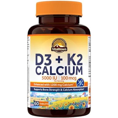 Vitalitown Vitamin D3 K2 Calcium 1200 mg, Vitamin D3 5000 IU, High Potency Bone Strength, Teeth & Immune System Support, Maximum Absorption, Easily Absorbable for Women & Men, 60 Tablets