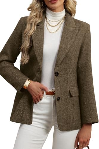 ELLEVEN Wool Blend Tweed Blazers for Women Boyfriend Herringbone Fall Winter Blazers Dressy Business Casual Double Button Long Sleeve Suit Oversize Harris Tweed Suit Jacket Brown Large
