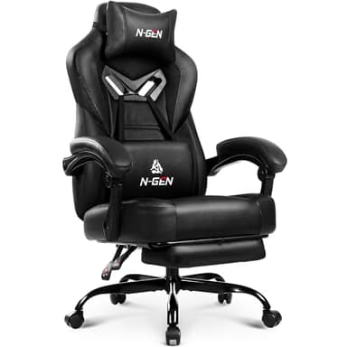 N-GEN GAMING Video Gaming Chair Big and Tall Office Computer Desk Chairs with Ergonomic Lumbar Support High Back Recliner and Footrest for Adults (Black)