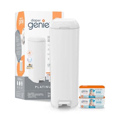 Diaper Genie Platinum Diaper Pail Gift Set | Hands-Free Odor Control with Foot Pedal | Stainless Steel Baby Diaper Pail | Includes 2 Easy Roll Refills 48 Bags Total | Baby Registry Must-Have