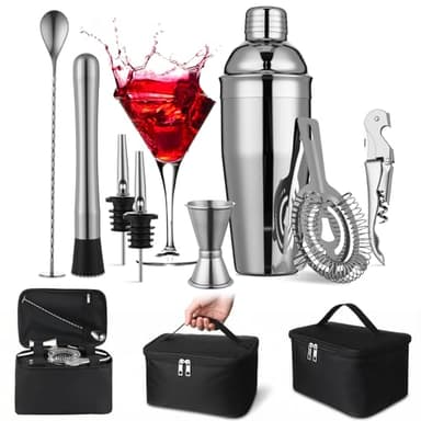 Widecook 9 Pcs Travel Bartender Kit Cocktail Shaker Set with Bag 25oz Martini Shaker Kit, Ice Crusher, Wine Opener, Strainer, Spoon, Jigger, Pourer, Portable Bar Gift for Home Rv Summer Party Outdoor