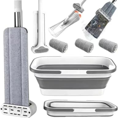 Large Flat Mop and Scalable Bucket with Wheels, 360 Rotating Microfiber Dust Mop with Dewatering Scraper, 54" Adjustable Stainless Steel (1 Mop + 4 Microfiber Pads + 1 Bucket)