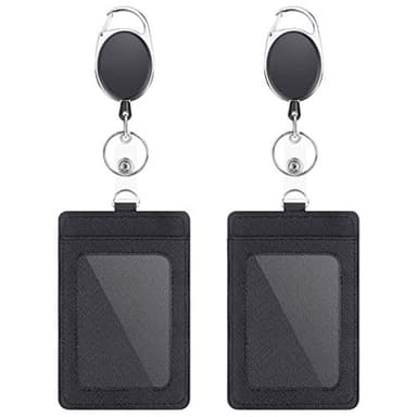 2 Pack Badge Holders and Heavy Duty Retractable Reel Clips Set, Vertical Leather ID Badge Holders with 1 Clear ID Window & 2 Credit Card Slots (Black-2pcs)'