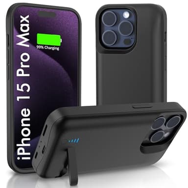Battery Case for iPhone 15 Pro Max, Real 8500mAh Ultra-Slim Charging Case with Kickstand for iPhone 15 Pro Max, Rechargeable Extended Backup Battery Charger Cover for 15 Pro Max - 6.7 inch Black