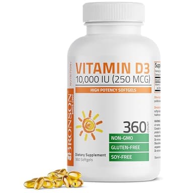 Bronson Vitamin D3 10,000 IU (250 mcg) High Potency - Supports Healthy Immune System, Strong Bones, Muscles & Teeth - Non GMO, 360 Softgels (1 Year Supply)
