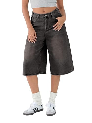 EMMIOL Machine Wash Y2K Jorts Women Wide Leg Baggy Long Jean Shorts Loose Fit Bermuda Denim Shorts