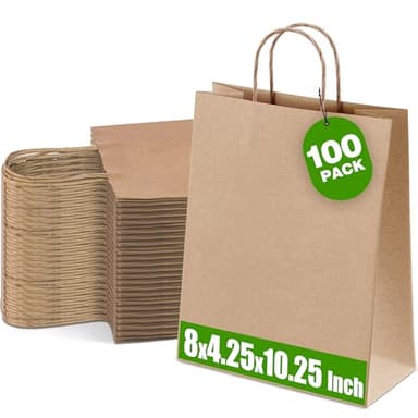 Ginkgo 100 Pcs Paper Gift Bags with Handles, Medium Size Brown Paper Bags 8x4.25x10.25 Inch, Kraft Bag Bulk for Party, Favor, Holiday, Goodie, Grocery and Shopping