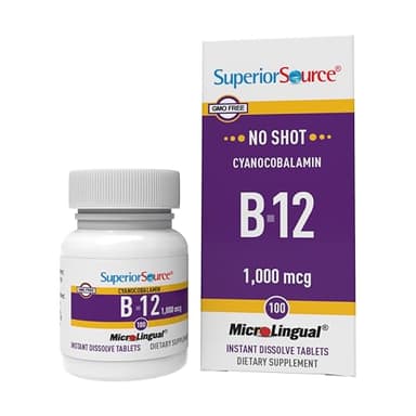 Superior Source No Shot Vitamin B-12 Cyanocobalamin 1000 mcg - Vitamin B-12 to Support Energy Production, Brain Health & Overall Wellness - Sublingual Tablets - 100 Dissolvable Tablets
