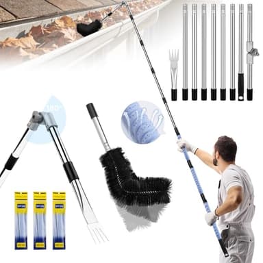 11.8FT Gutter Cleaning Tools From the Ground, No Ladder Needed - Adjustable Gutter Cleaner Pole with Replaceable Brush & Shovel for Roof Rain Gutters Cleans Leaves and Debris with Grip Tapes