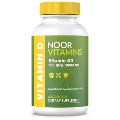 Noor Vitamins Halal Vitamin D, Halal Vitamin D3, 5000 IU Softgels, Supports Bone, Immune & Heart Health, from Safflower Oil to Maximize Absorption, Non-GMO, Gluten Free & Halal (60 Count)…