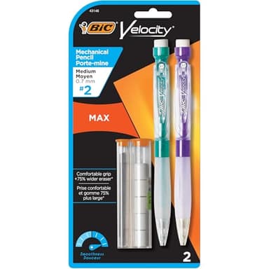 BIC Velocity Max Mechanical Pencils, With Colorful Barrel, Medium Point (0.7mm), 2-Count Pack Mechanical Pencils With Erasers and Lead Refills