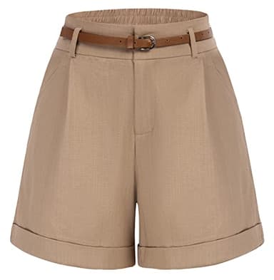 Belle Poque Womens Summer Linen Shorts Khaki Bermuda Shorts with Belts Paper Bag Shorts (Khaki, S)