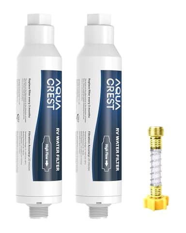 AQUA CREST RV Inline Hose Water Filter, Garden and Camper, NSF Certified, Greatly Reduces Chlorine, Bad Taste, Odor, 2 Pack with Hose Protector (Package May Vary)