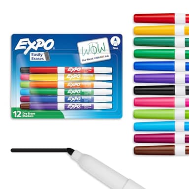 EXPO Dry Erase Markers, Low Odor Ink, Assorted Colors, Fine Tip, 12 Count - Back to School, Teacher, Classroom, Office Supplies