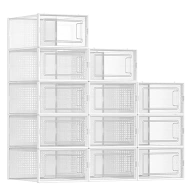 SONGMICS Shoe Boxes, Pack of 12 Shoe Storage Organizers, Stackable Clear Plastic Boxes for Closet, Sneakers, 13.1 x 9.1 x 5.6 Inches, Transparent and White ULSP12SWT