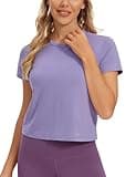 CRZ YOGA Women's Pima Cotton Short Sleeve Crop Tops High Neck Cropped Workout Shirts Yoga Athletic Casual T-Shirt Lavender Gray Small