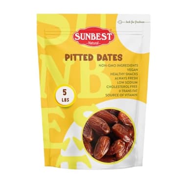 Sunbest Natural Deglet Noor Dates, 5 lbs – Pitted & Whole – Bulk Dried Fruit Snack For Kids & Adults – Naturally Sweet For Baking & Cooking – Sun-Dried, Fiber Rich, Kosher & No Sugar Added (80 oz)