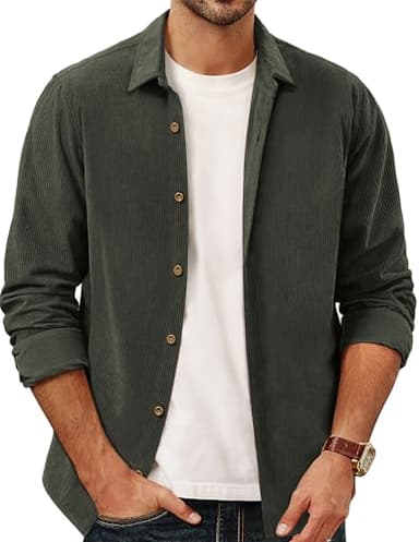 PJ PAUL JONES Mens Corduroy Button Down Shirt Jacket Casual Long Sleeve Shacket Lightweight Textured Untucked Shirts Army Green