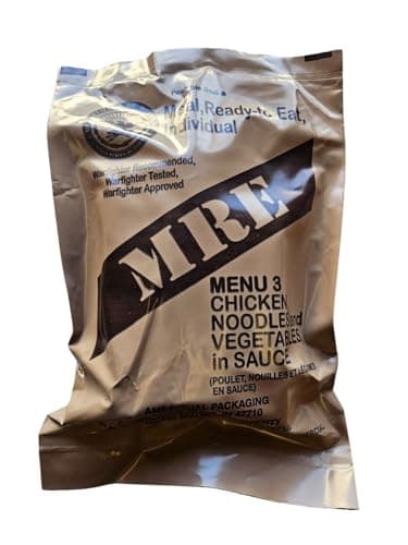 Genuine USGI Individual MRE [Meal, Ready to Eat] Inspection Date 01/2024 or Newer - You Choose Menu - Complete Ration with Entree, Snacks, Dessert, Drink Mix, Utensils, Condiments and FRH. (#3 Chicken Noodle)