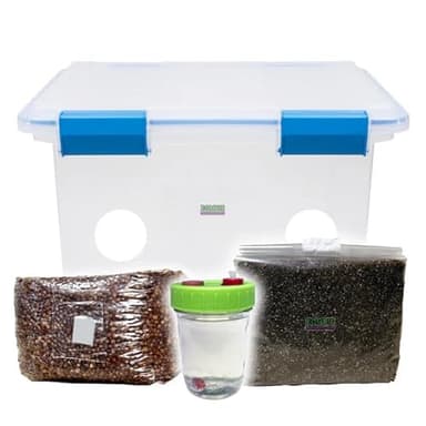 All-in-one Mushroom Grow Kit, Includes Inflatable Monotub, 3lb Sterilized Grain Spawn Bag x1 with Injection Port and 5lb CVG Substrate Bag x1 (Coco Coir, Vermiculite, Gypsum) with Plugs and Filters