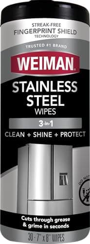 Weiman Stainless Steel Cleaner, 30 Count Cleaning Wipes, Removes Dirt, Grime, and Grease, No Streaks or Residue, Stainless Steel Polish for a Sparkling Clean and Shiny Surface, Cleaning Supplies