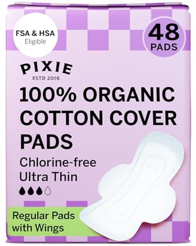 Pixie Organic Cotton Ultra Thin Pads with Wings for Women - Leak-Proof & Moisture-Wicking for Feminine Care - Compostable, Unscented Menstrual Pads - Regular Absorbency - FSA Eligible - 48 Count