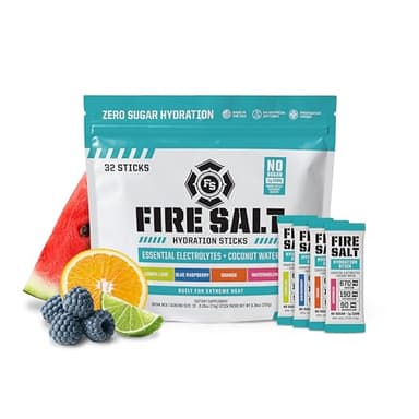 Fire Science Fire Salt Hydration Sticks, Electrolytes & Coconut Water, Hydration Drink Mix with Magnesium, Potassium & Sodium, Zero Sugar, Single Serve On The Go Packs, Variety Pack Flavors, 32 Count