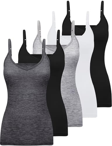 BQTQ 5 Pcs V Neck Camisole Tops for Women Spaghetti Strap Slim Fitted Soft Camisole Undershirts Basic Camisoles in White Black Gray, L