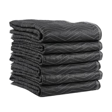 US Cargo Control Moving Blankets Heavy Duty 72"x80" 6-Pack, (65 lbs/doz), Heavy Duty Packing Blankets for Moving Furniture, Shipping, and Storage, Black Quilted Furniture Pads, MBDELUXE Econo Deluxe