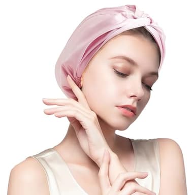 MISF 22 Momme Mulberry Silk Bonnet for Sleeping Women, 100% Real Silk Double Layer Sleep Bonnet with Adjustable Wide Band, Stay-On Night Cap, Pink