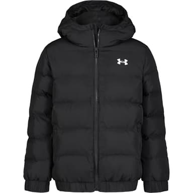 Under Armour Girls' Prime Hooded Puffer Jacket, Lightweight & Water Repellent, Black Prime, YL
