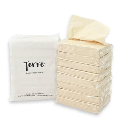 Terre Bamboo Car Tissue Refills, 3-Ply, Unbleached, 8 Pack (320 Sheets Total), FSC-Certified, Facial Tissues Refills for Car Visor Tissue Holder, Travel Tissue Tubes Box Container, Sustainable