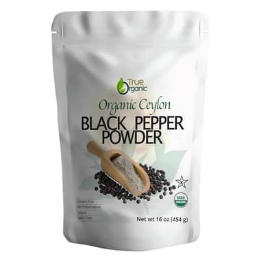 True Organic Black Pepper Ground, 1 lb, Gluten-Free Premium Grade, Fine Ground Pepper USDA & Kosher Certified, Pure Ceylon Quality, Non-GMO Black Pepper Powder.