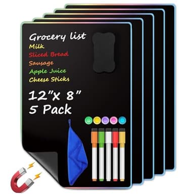 MaxGear 5 Pack Black Magnetic Dry Erase Board for Fridge, 12 x 8 Inch Whiteboard for Refrigerator, Magnetic Writing Board, Includes 5 Liquid Chalk Markers, 5 Magnets, 1 Eraser and 1 Cleaning Cloth