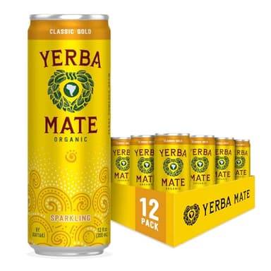 Yerba Madre Organic Organic Sparkling Yerba Mate, Classic Gold, 80mg Natural Plant Based Caffeine, Smooth Energy & Focus, Carbonated, 12 Oz (Pack of 12) (Packaging May Vary)
