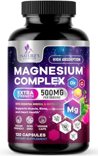 Magnesium Complex Supplement 500 mg - 5 in 1 High Absorption Blend, 100% Chelated Magnesium Glycinate & Malate Plus Citrate, Oxide, Aquamin - Non-GMO, Vegan Formula, Mag Complex Capsules - 120 Count
