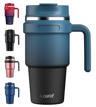 ALOUFEA 20 oz Insulated Coffee Mug Tumbler with Handle, Stainless Steel Travel Mug Tumbler with Lid and Straw,Double Wall Vacuum Leak Proof Ice Coffee Thermal Cup, Indigo Black