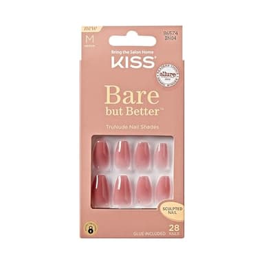 KISS Bare but Better, Press On Nails, Nail glue included, 'Nude Nude', Color, Medium Size, Coffin Shape, Includes 28 Nails, 2g glue, 1 Manicure Stick, 1 Mini File