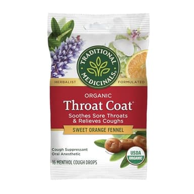 Traditional Medicinals Organic, Throat Coat Lozenges, Sweet Orange Fennel with Menthol - Herbal Cough Drops, Helps Soothe Sore Throat & Relieve Cough - Non-GMO, Stimulant-Free - 16 Count