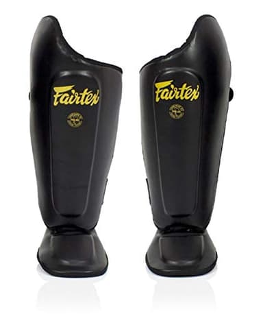 Fairtex SP8 Muay Thai Shin Guards for Men, Women, Kids | Shin Guards Made with Syntek Leather & are Premium, Lightweight & Durable | Expanded Side Protection (Black/Medium)