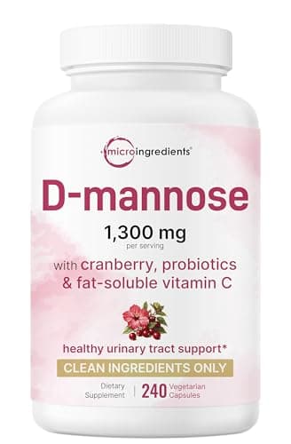 Pure D Mannose 1,300mg with Cranberry & Probiotics, 240 Veggie Capsules | Urinary Tract Health for Women | Plus 1 Million CFU Probiotics Blend & High Absorption Vitamin C | Filler Free, Non-GMO
