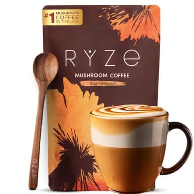 RYZE SUPERFOODS Mushroom Medium Roast Coffee USDA Organic with 6 Adaptogenic Mushrooms, USA Grown Instant Coffee for Better Energy, Focus Digestion Immunity with Lions Mane & Turkey Tail 30 Servings