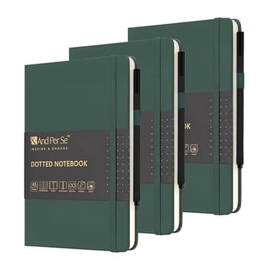 &And Per Se Dotted Journal Notebook 3 Pack, A5 Hardcover with Journal Dotted Pages, Stencils & Pens, 176 Numbered Pages Each for Students Teachers Office (Green)