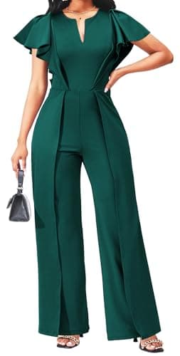 sexycherry Dressy Green Jumpsuit for Women Elegant Formal V Neck Short Ruffle Sleeve Overlay Long Straight Clubwear One Piece Jumpsuits with Zipper(Large)