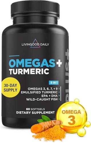 Livingood Daily Omega 3 6 9 Plus Turmeric Curcumin Supplement, 60 Softgels - Fish Oil Omega 3 Supplements (EPA & DHA) for Men and Women - Brain, Joint, Heart Health, and Metabolism - Made in USA