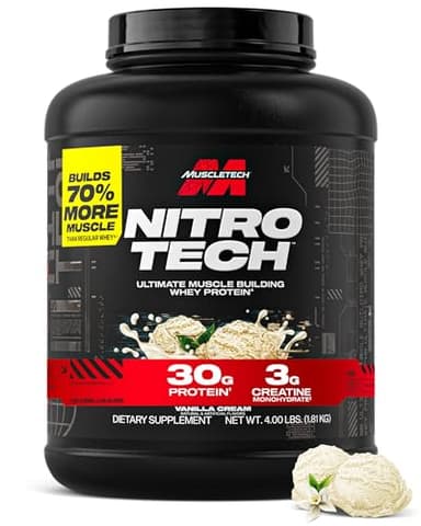 Muscletech Whey Protein Powder (Vanilla Cream, 4 Pound) - Nitro-Tech Ultimate Muscle Building Formula with Whey Protein Isolate - 30g of Protein, 3g of Creatine & 6.8g of BCAA - Packaging May Vary