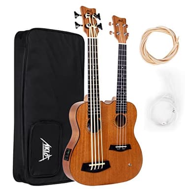 Bass Ukulele, AKLOT 28 Inch Double Necks Ukelele Custom-made Headstock Full Mahogany 4 Strings Uke & 4 String Bass with Gig Bag